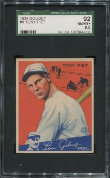 1934 Goudey #8 Tony Piet SGC 92