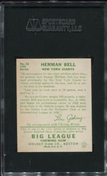 1934 Goudey #52 Herman Bell SGC 92