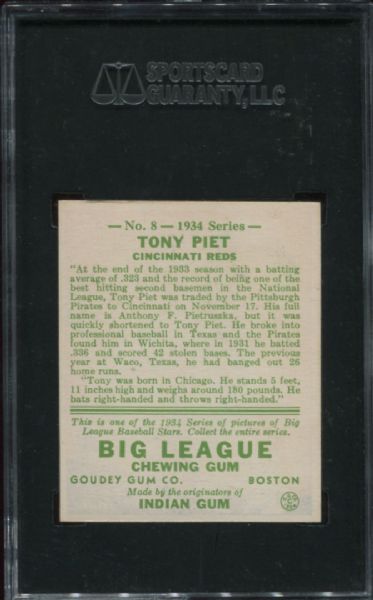 1934 Goudey #8 Tony Piet SGC 92