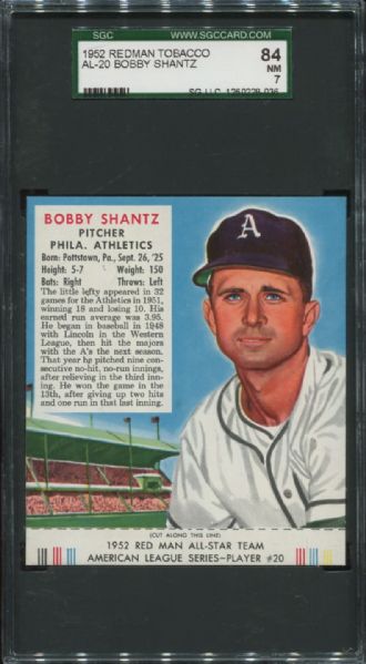 1952 Redman Tobacco AL-20 Bobby Shantz SGC 84