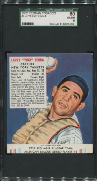 1952 Redman Tobacco AL-3 Yogi Berra SGC 80