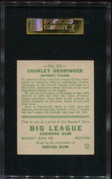 1933 Goudey #222 Charlie Gehringer SGC 80