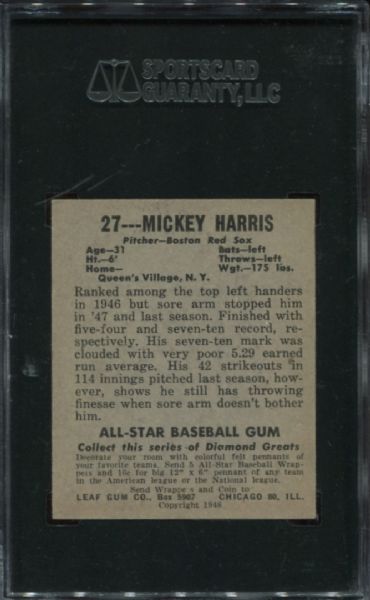 1948-49 Leaf Gum #27 Mickey Harris SGC 84