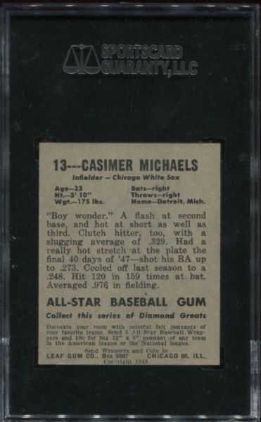 1948-49 Leaf Gum #13 Casimer Michaels Short Print SGC 50