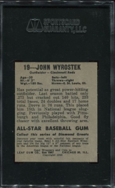 1948-49 Leaf Gum #19 Johnny Wyrostek Short Print SGC 60