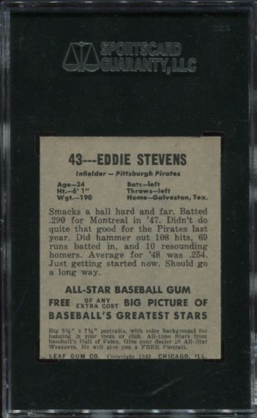 1948-49 Leaf Gum #43 Eddie Stevens Short Print SGC 50