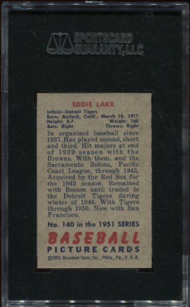 1951 Bowman #140 Eddie Lake SGC 96