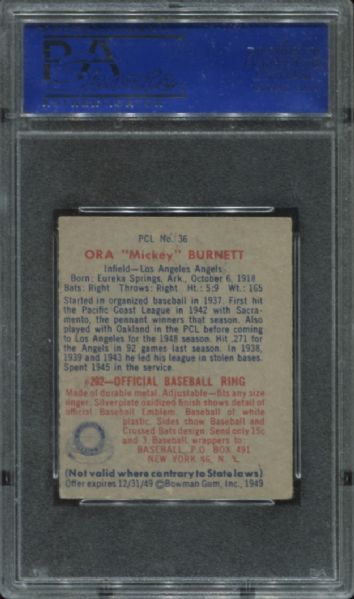 1949 Bowman PCL #36 Ora Burnett PSA 3