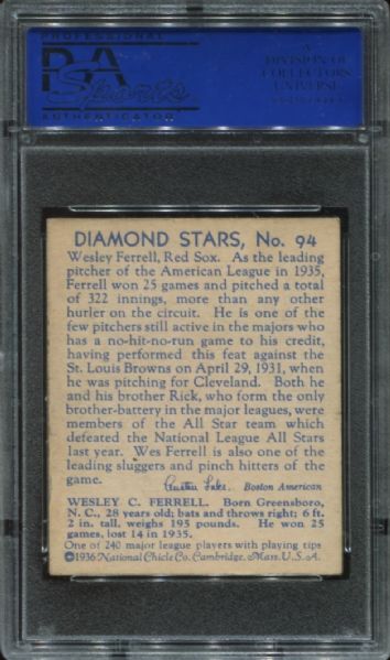 1934-36 Diamond Stars #94 Wes Ferrell PSA 5