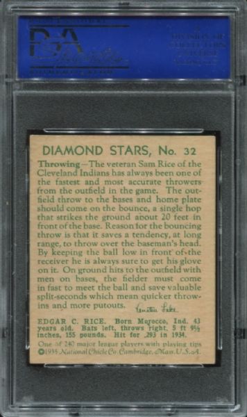 1934-36 Diamond Stars #32 Sam Rice PSA 5