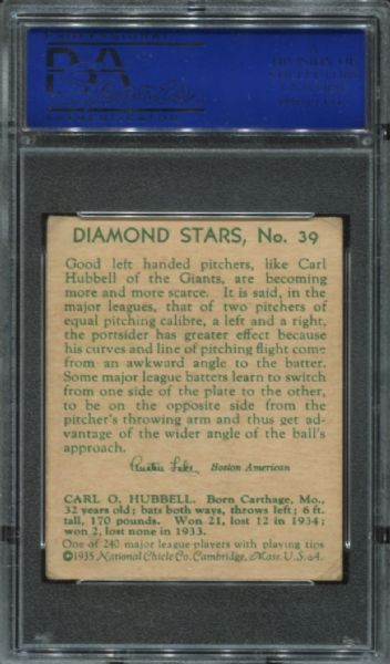 1934-36 Diamond Stars #39 Carl Hubbell PSA 4