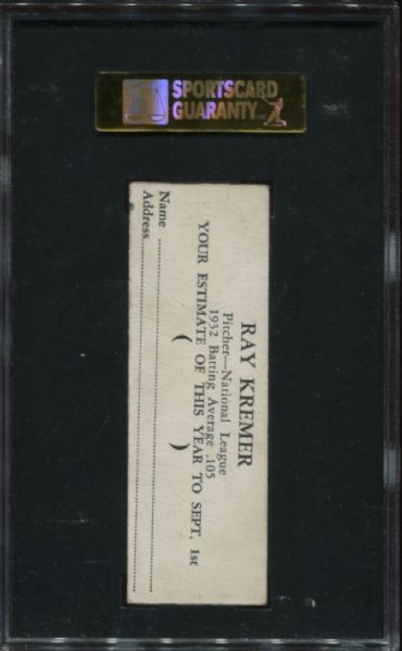 1933 R306 Butter Cream Ray Kremer SGC Authentic