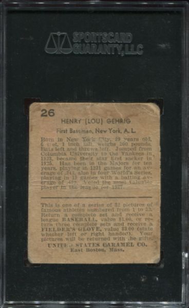 1932 U.S. Caramel #26 Lou Gehrig SGC Authentic