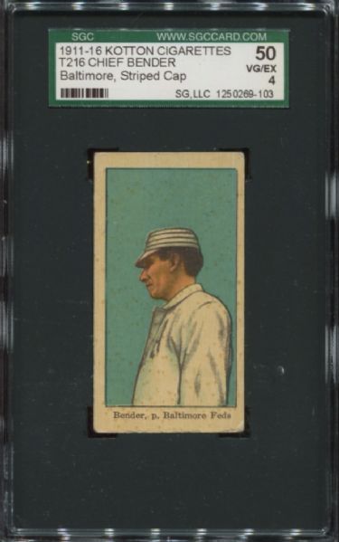 1911-16 T216 Kotton Cigarettes Chief Bender Striped Hat SGC 50