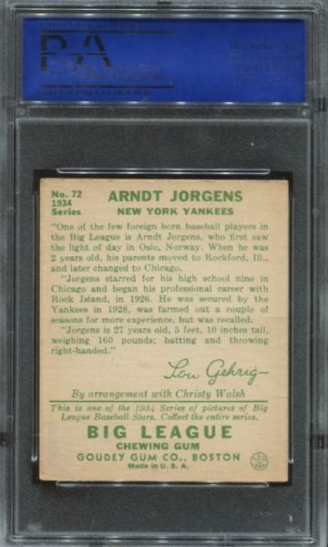 1934 Goudey #72 Arndt Jorgens PSA 4