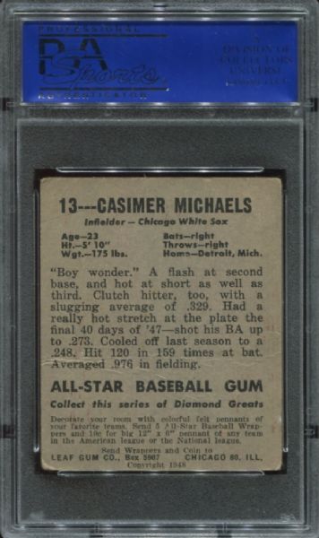 1948-49 Leaf Gum #13 Casimer Michaels Short Print PSA 2