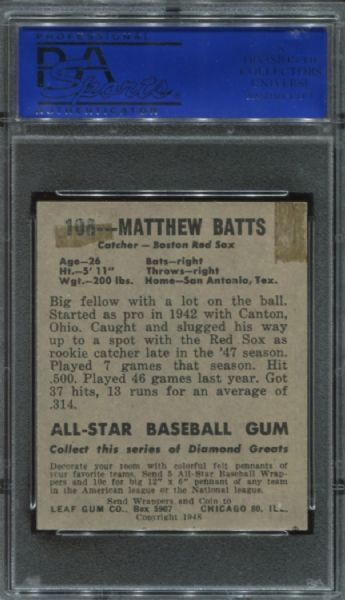 1948-49 Leaf Gum #108 Matthew Batts Short Print PSA 2