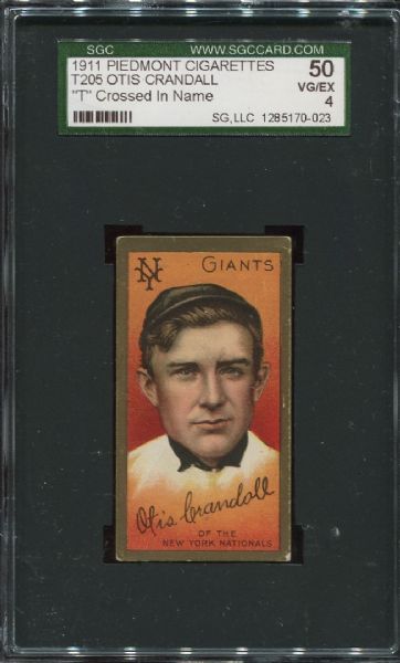 1911 T205 Piedmont Otis Crandall T Crossed SGC 50