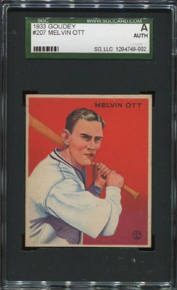 1933 Goudey #207 Mel Ott SGC Authentic