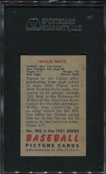 1951 Bowman #305 Willie Mays Rookie SGC Authentic