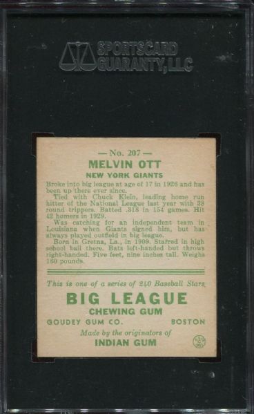 1933 Goudey #207 Mel Ott SGC Authentic