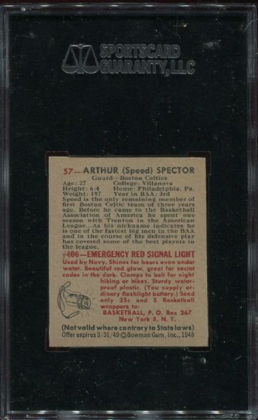 1948 Bowman #57 Arthur Spector High Number SGC Authentic - Gray Variation