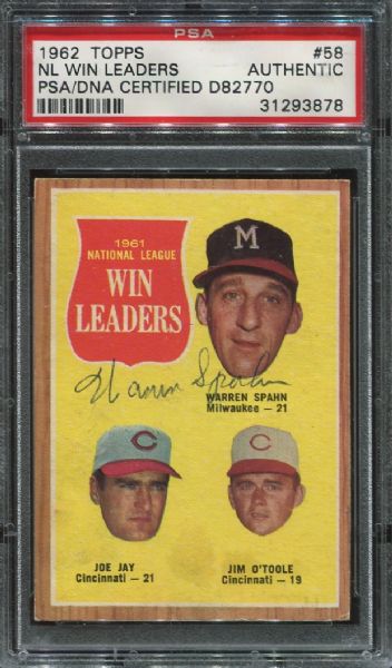 1962 Topps #58 NL Win Leaders Warren Spahn Autographed PSA/DNA Authentic