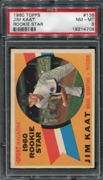 1960 Topps #136 Jim Kaat Rookie PSA 8