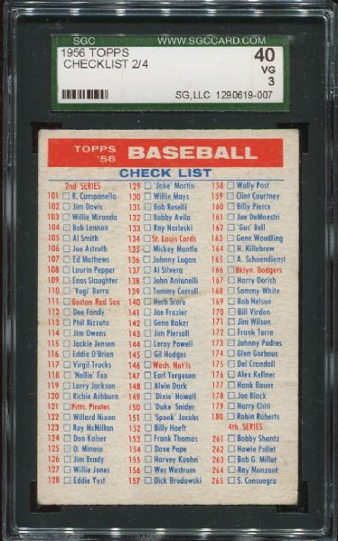 1956 Topps Checklist 2/4 SGC 40