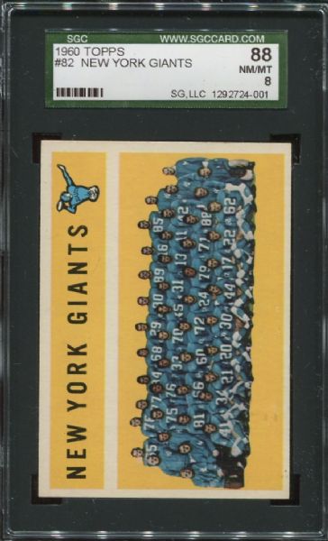 1960 Topps #82 New York Giants Team Card SGC 88