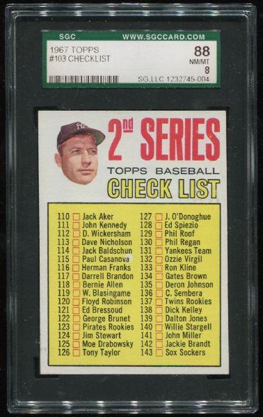 1967 Topps #103 Mickey Mantle Checklist SGC 88