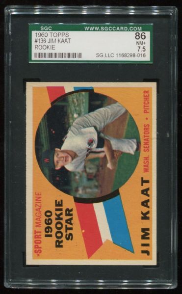 1960 Topps #136 Jim Kaat Rookie SGC 86