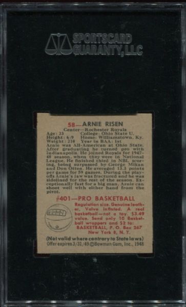 1948 Bowman #58 Arnie Risen Rookie Gray Variation SGC Authentic