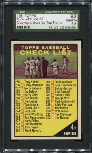 1961 Topps #273 Checklist SGC 92