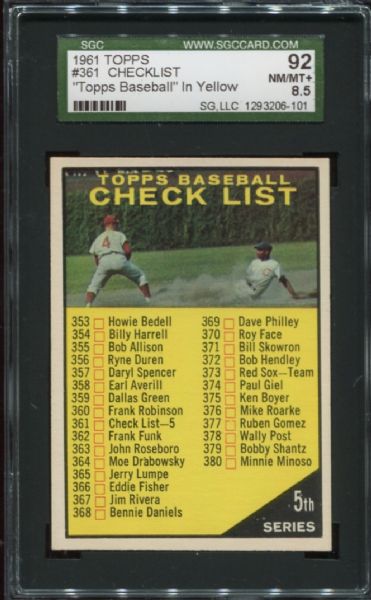 1961 Topps #361 Checklist SGC 92