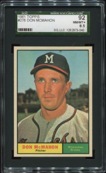 1961 Topps #278 Don McMahon SGC 92