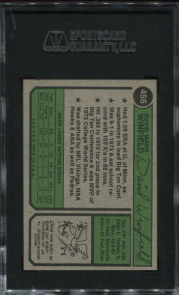 1974 Topps #456 Dave Winfield Rookie SGC 96