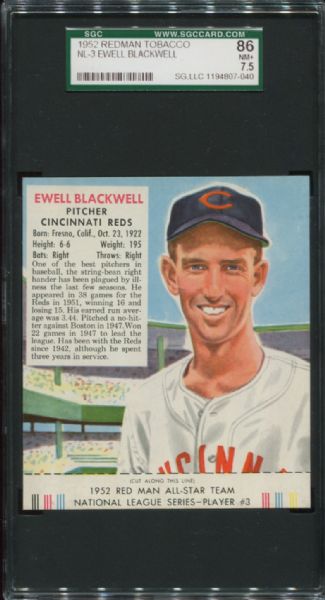 1952 Redman Tobacco NL-3 Ewell Blackwell SGC 86