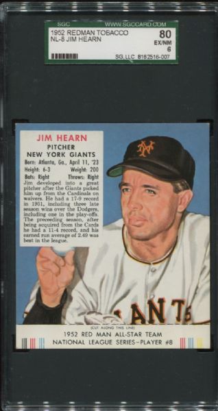 1952 Redman Tobacco NL-8 Jim Hearn SGC 80