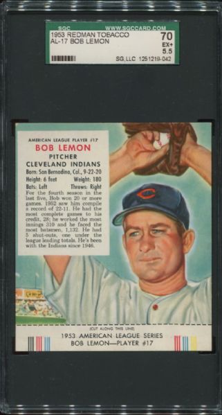 1953 Redman Tobacco AL-17 Bob Lemon SGC 70