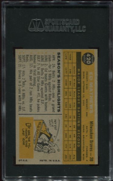 1960 Topps #420 Ed Mathews SGC 88