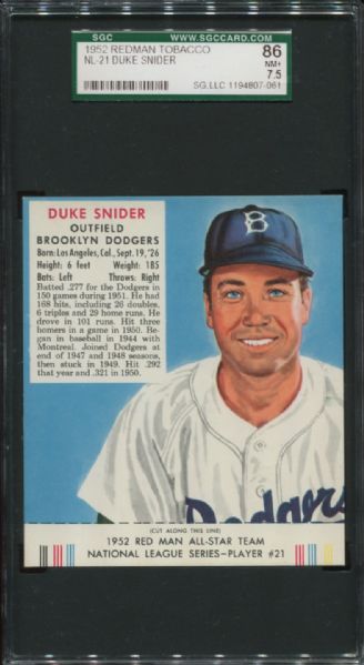 1952 Redman Tobacco NL-21 Duke Snider SGC 86