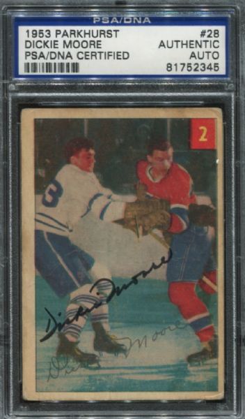 1953 Parkhurst #28 Dickie Moore Autographed PSA/DNA Authentic