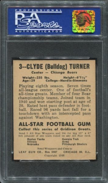 1948 Leaf #3 Clyde Bulldog Turner PSA 8 OC