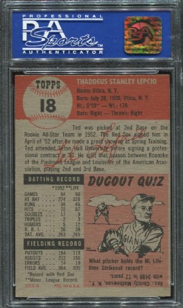 1953 Topps #18 Ted Lepcio PSA 8