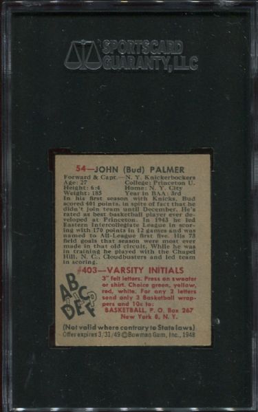 1948 Bowman #54 John Bud Palmer Rookie High Number SGC 84