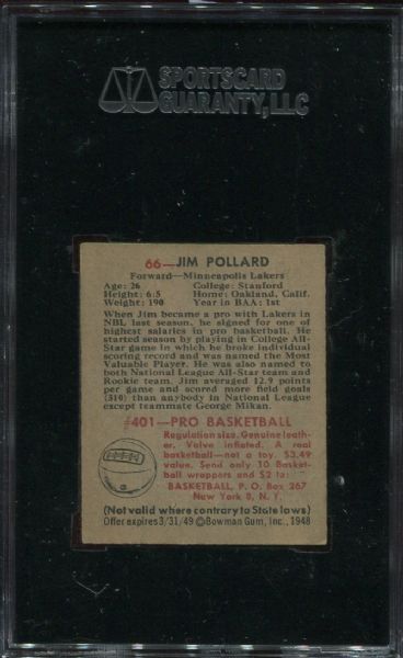 1948 Bowman #66 Jim Pollard Rookie High Number SGC 50