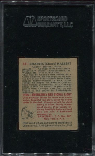 1948 Bowman #43 Charles Halbert Rookie High Number SGC 50