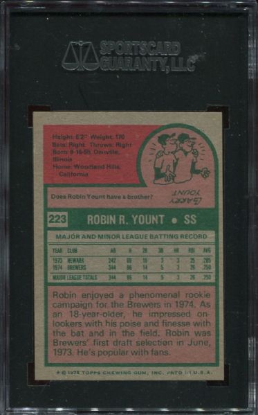 1975 Topps #223 Robin Yount Rookie SGC 80