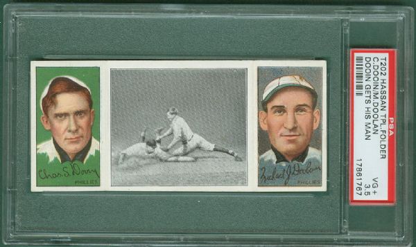 1912 T202 #53 Dooin Gets His Man Dooin/Doolan Hassan Cigarettes Triple Folder PSA 3.5